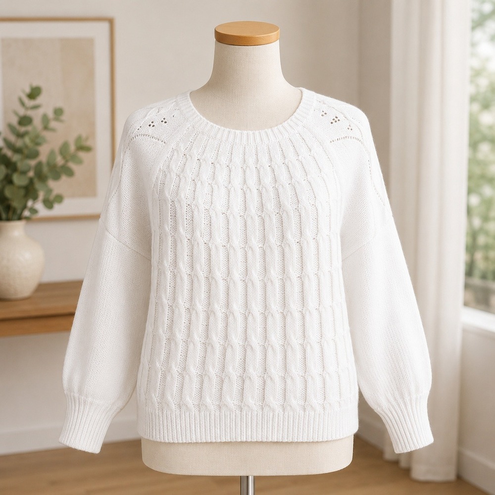 NWT Cupshe Cable Knit Sweater Womens XL White Scoop Neck Long Sleeve Relaxed